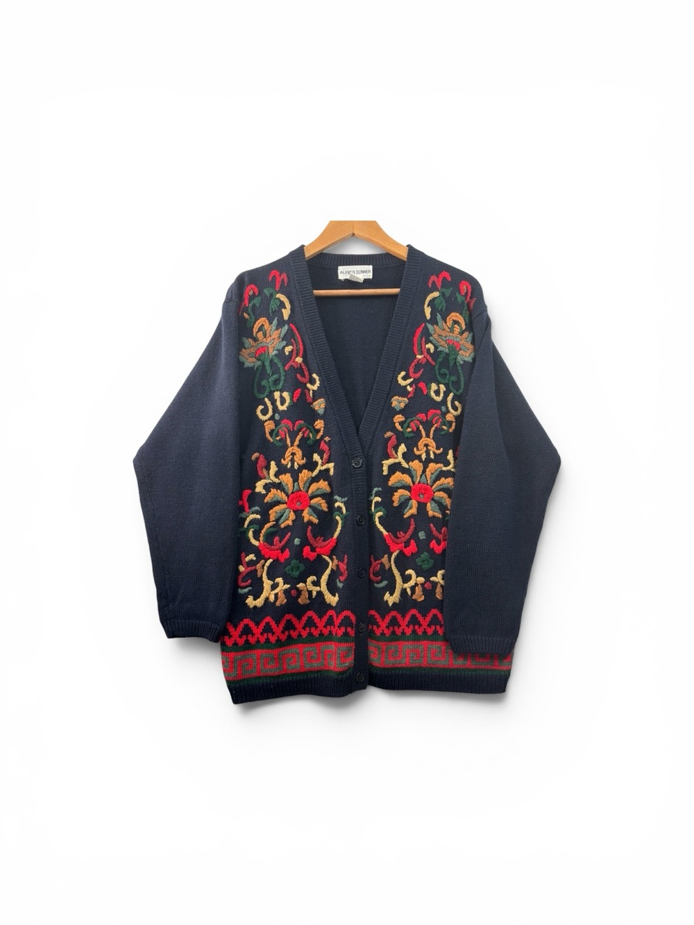Alfred Dunner Embroidered Cardigan Size Large VTG Navy Floral Sweater Button